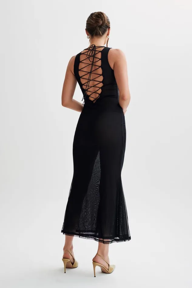 Women Meshki Dresses Maeva Embroidered Mesh Maxi Dress 8211 Black