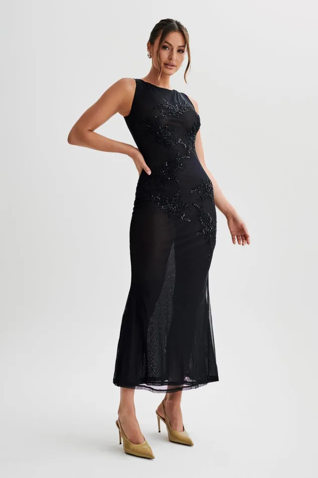 Women Meshki Dresses Maeva Embroidered Mesh Maxi Dress 8211 Black