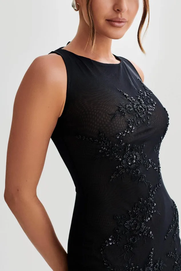Women Meshki Dresses Maeva Embroidered Mesh Maxi Dress 8211 Black