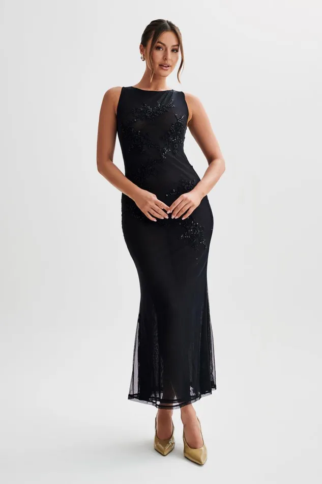 Women Meshki Dresses Maeva Embroidered Mesh Maxi Dress 8211 Black