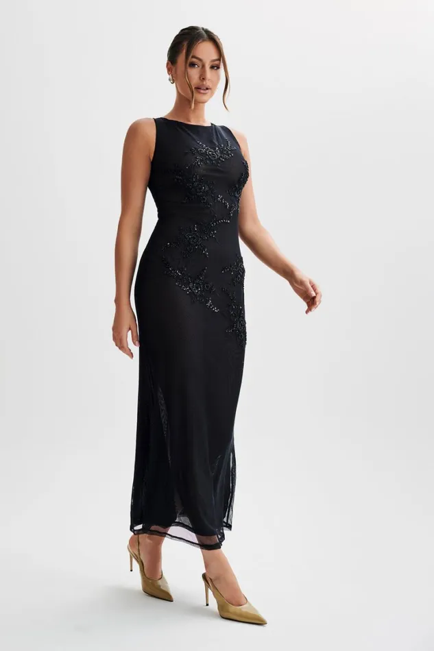 Women Meshki Dresses Maeva Embroidered Mesh Maxi Dress 8211 Black