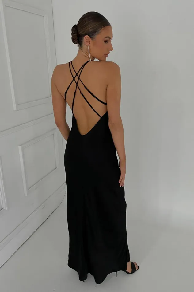 Women Meshki Dresses Makari Satin Maxi Dress 8211 Black