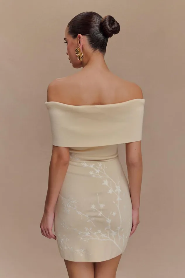 Women Meshki Dresses Mallory Off Shoulder Embroidered Knit Mini Dress 8211 Cream And Ivory