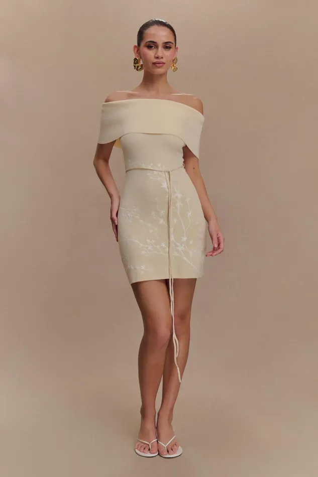 Women Meshki Dresses Mallory Off Shoulder Embroidered Knit Mini Dress 8211 Cream And Ivory