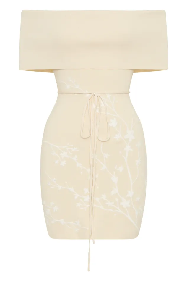 Women Meshki Dresses Mallory Off Shoulder Embroidered Knit Mini Dress 8211 Cream And Ivory