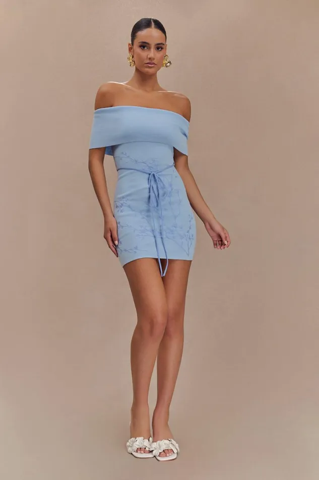 Women Meshki Dresses Mallory Off Shoulder Embroidered Knit Mini Dress 8211 Ice Blue Women Meshki Dresses Mallory Off Shoulder Embroidered Knit Mini Dress 8211 Ice Blue