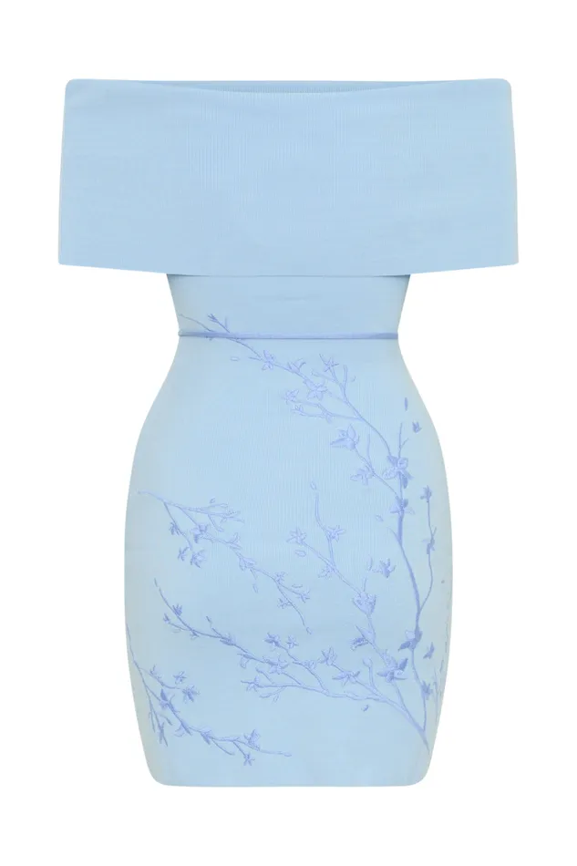 Women Meshki Dresses Mallory Off Shoulder Embroidered Knit Mini Dress 8211 Ice Blue