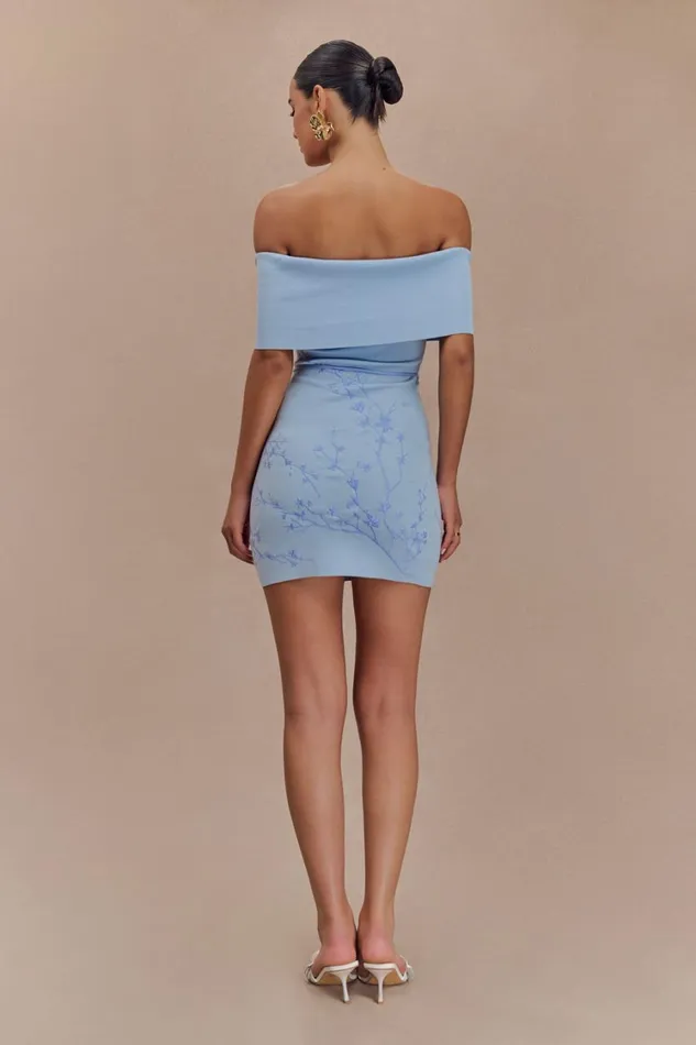 Women Meshki Dresses Mallory Off Shoulder Embroidered Knit Mini Dress 8211 Ice Blue