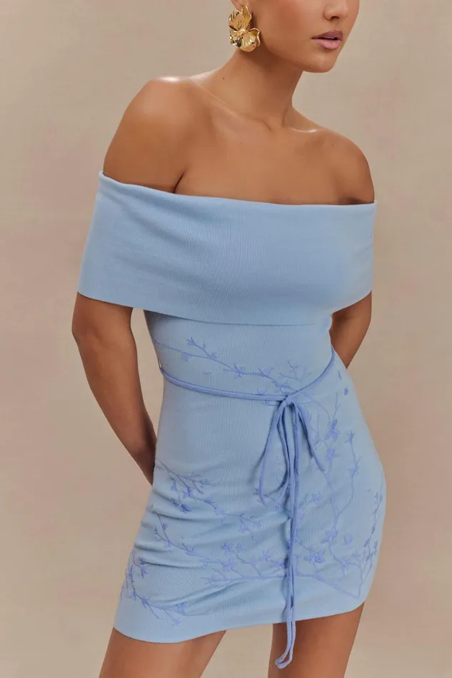 Women Meshki Dresses Mallory Off Shoulder Embroidered Knit Mini Dress 8211 Ice Blue