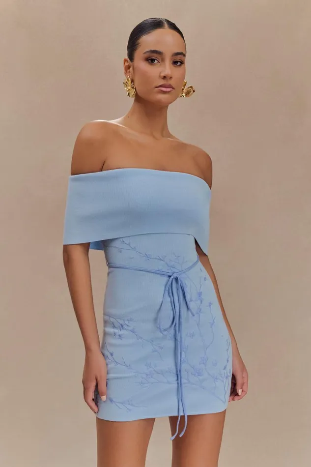 Women Meshki Dresses Mallory Off Shoulder Embroidered Knit Mini Dress 8211 Ice Blue