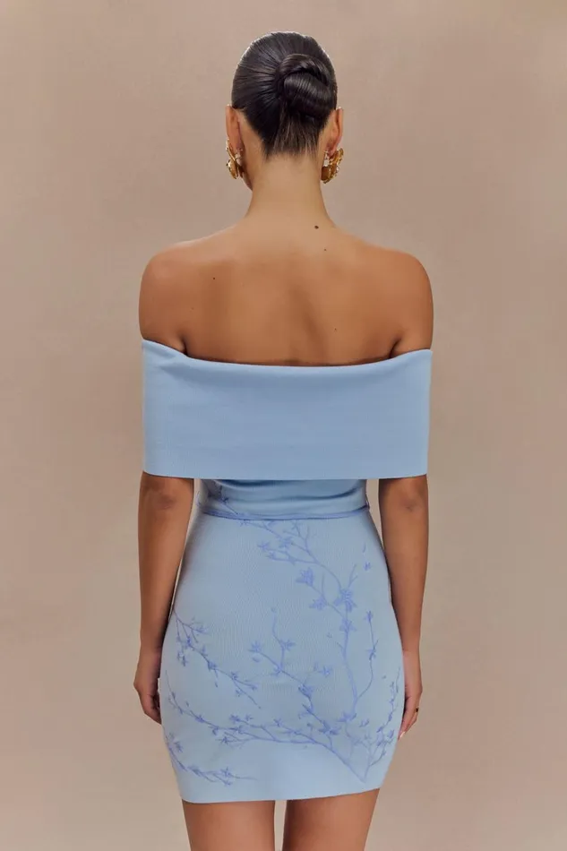 Women Meshki Dresses Mallory Off Shoulder Embroidered Knit Mini Dress 8211 Ice Blue