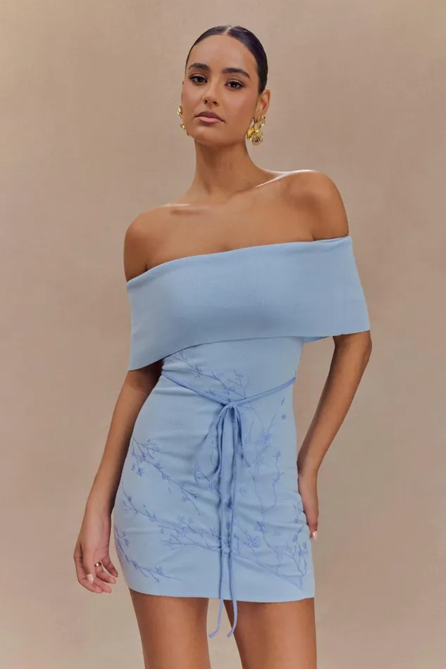 Women Meshki Dresses Mallory Off Shoulder Embroidered Knit Mini Dress 8211 Ice Blue