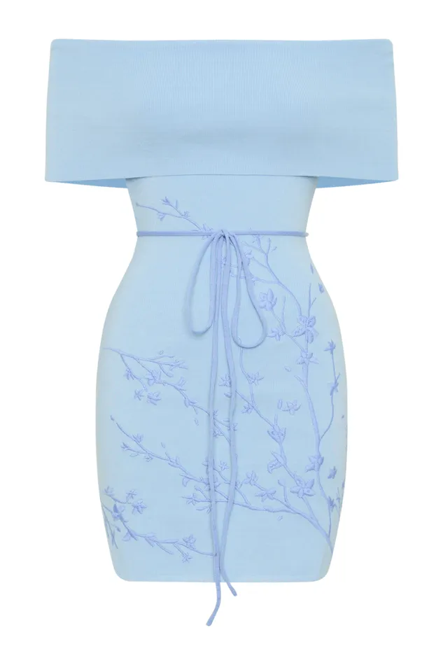 Women Meshki Dresses Mallory Off Shoulder Embroidered Knit Mini Dress 8211 Ice Blue