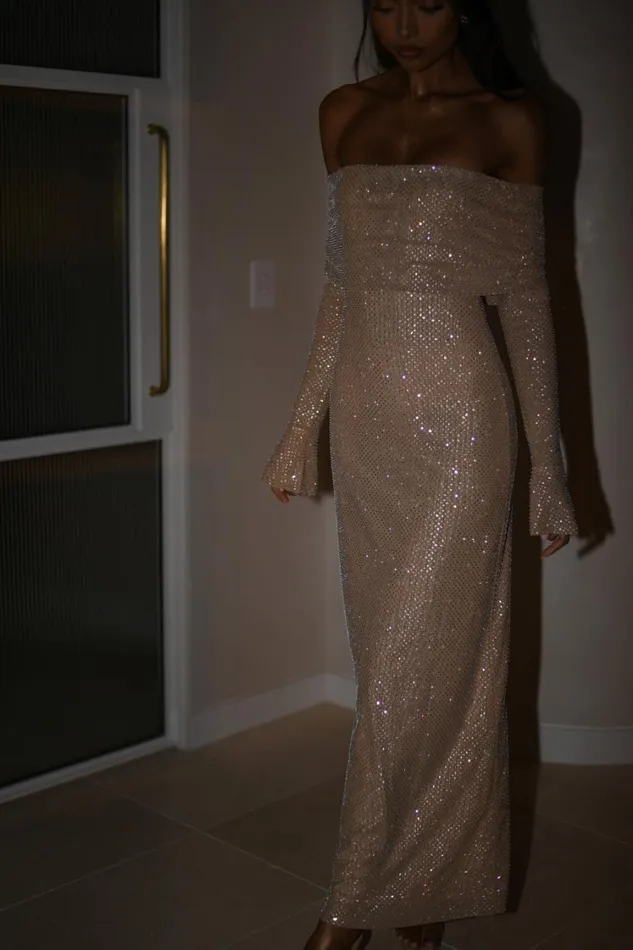 Women Meshki Dresses Marcel Off Shoulder Diamante Maxi Dress 8211 Nude