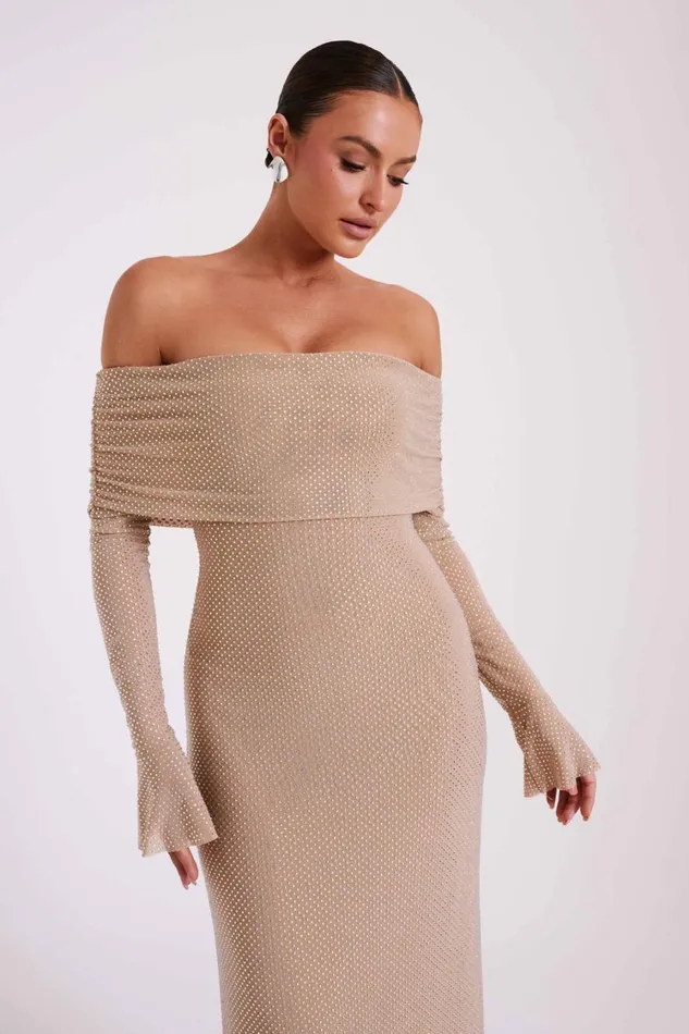 Women Meshki Dresses Marcel Off Shoulder Diamante Maxi Dress 8211 Nude