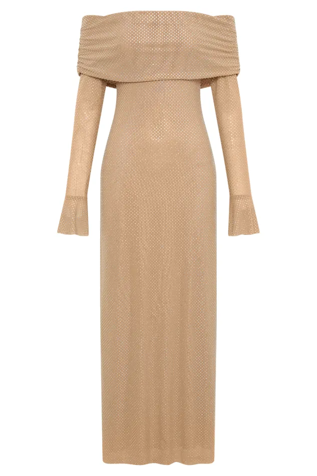 Women Meshki Dresses Marcel Off Shoulder Diamante Maxi Dress 8211 Nude