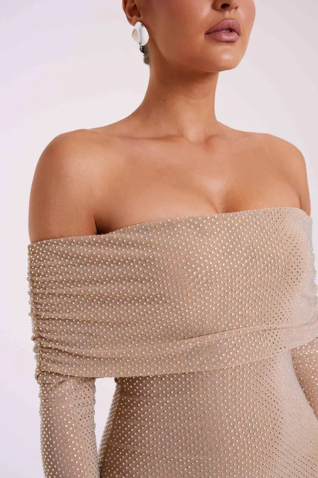 Women Meshki Dresses Marcel Off Shoulder Diamante Maxi Dress 8211 Nude