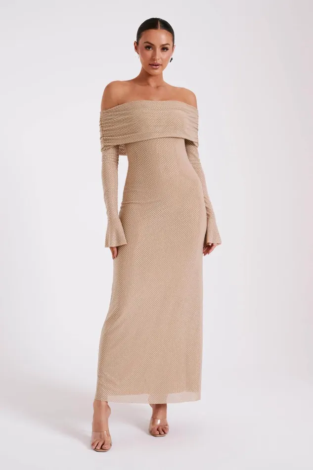 Women Meshki Dresses Marcel Off Shoulder Diamante Maxi Dress 8211 Nude