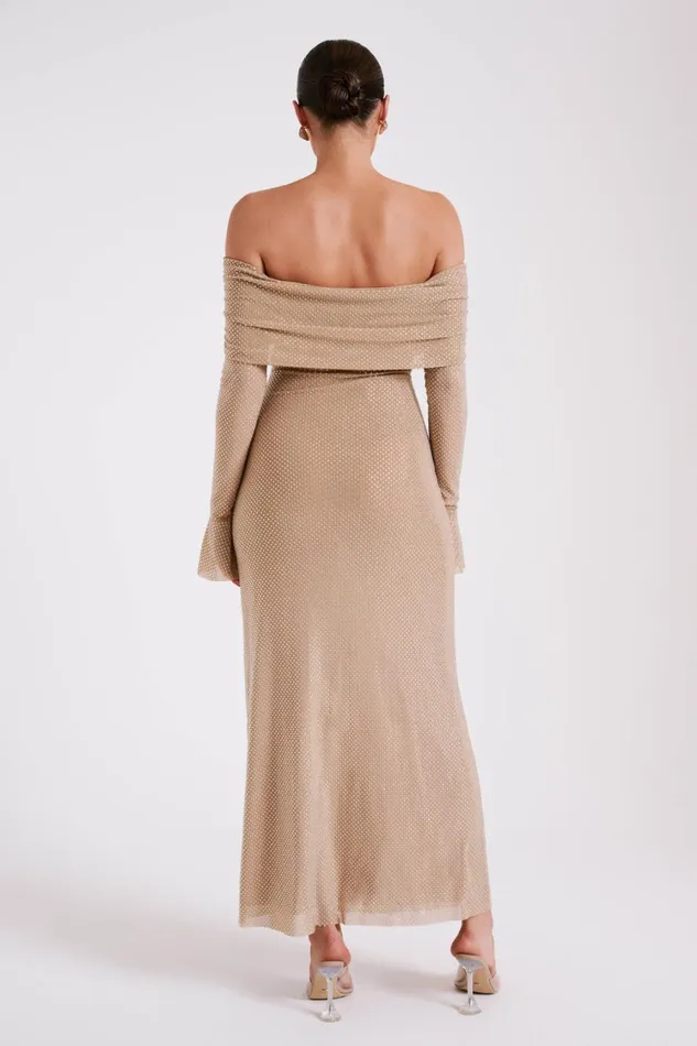 Women Meshki Dresses Marcel Off Shoulder Diamante Maxi Dress 8211 Nude