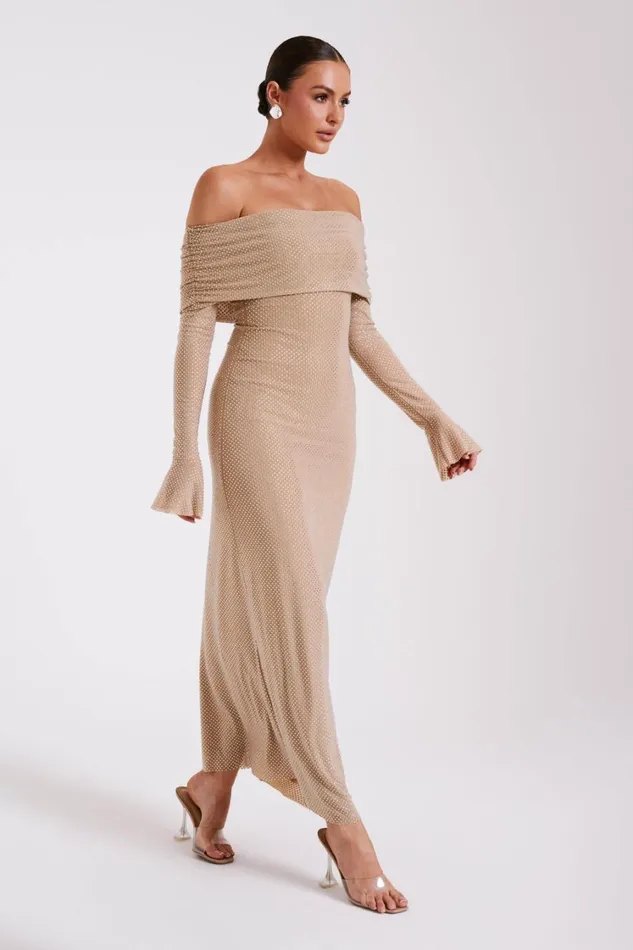 Women Meshki Dresses Marcel Off Shoulder Diamante Maxi Dress 8211 Nude