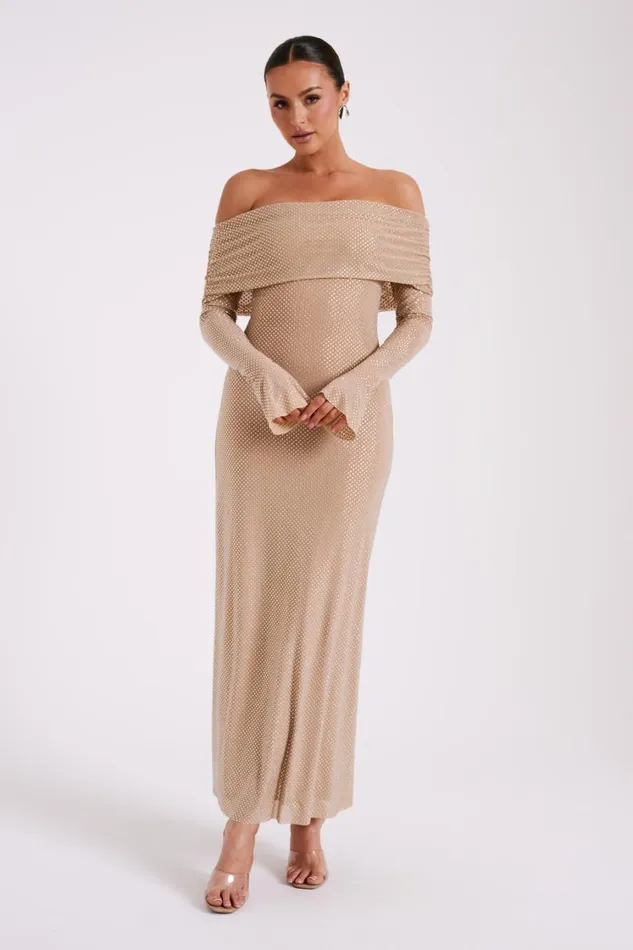 Women Meshki Dresses Marcel Off Shoulder Diamante Maxi Dress 8211 Nude