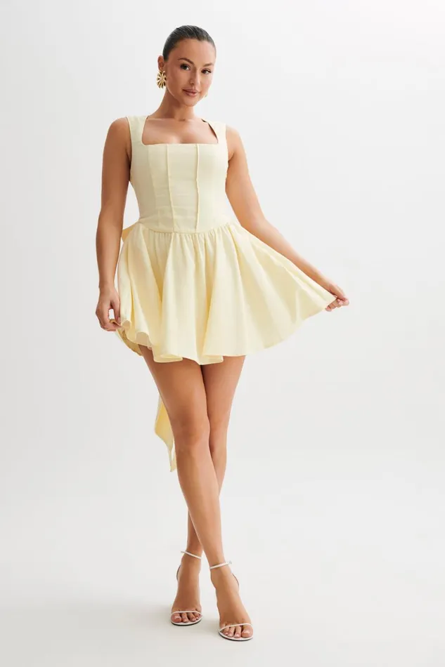 Women Meshki Dresses Marcella Linen Bow Back Mini Dress 8211 Lemon Sherbet