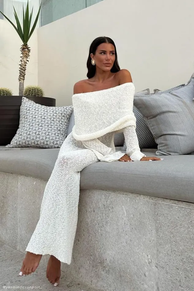 Women Meshki Dresses Marisol Off Shoulder Boucle Maxi Dress 8211 Ivory