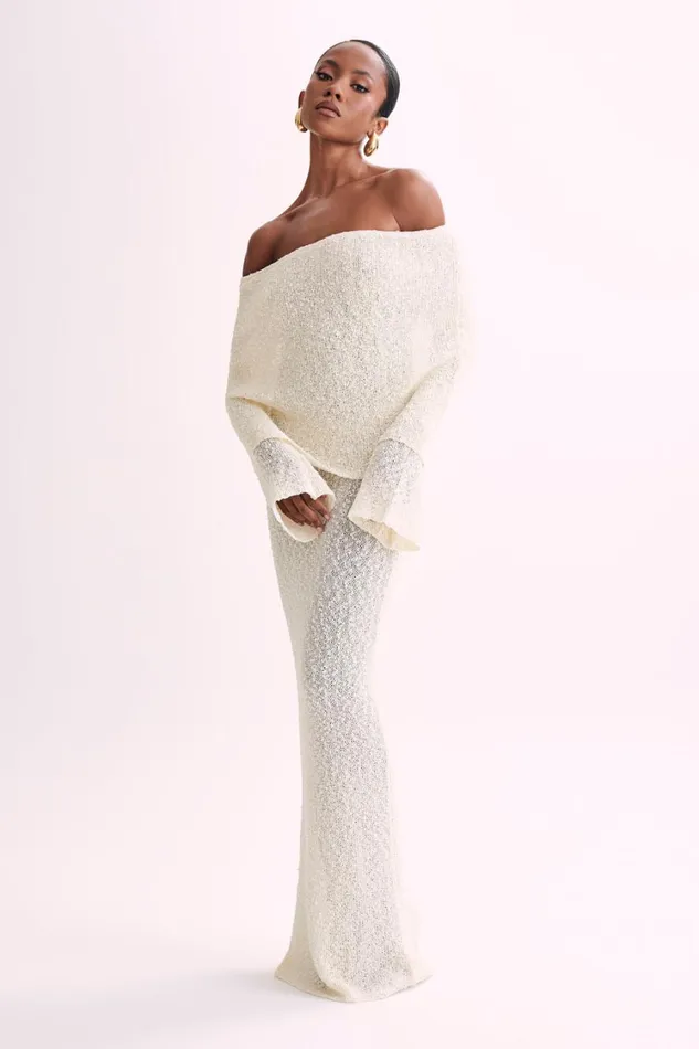 Women Meshki Dresses Marisol Off Shoulder Boucle Maxi Dress 8211 Ivory