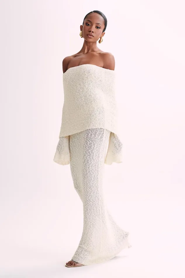 Women Meshki Dresses Marisol Off Shoulder Boucle Maxi Dress 8211 Ivory