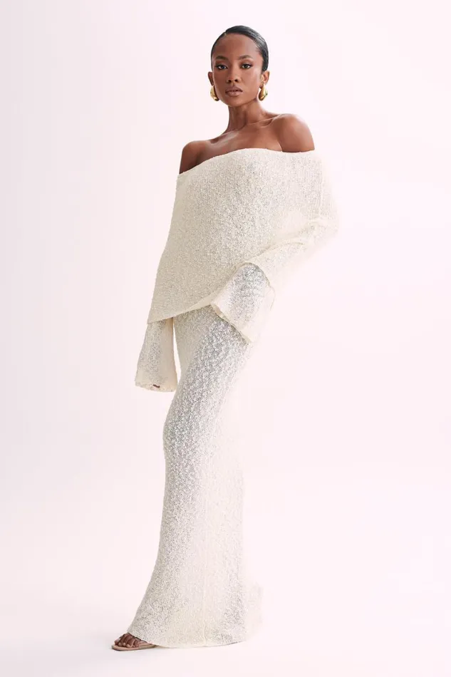 Women Meshki Dresses Marisol Off Shoulder Boucle Maxi Dress 8211 Ivory