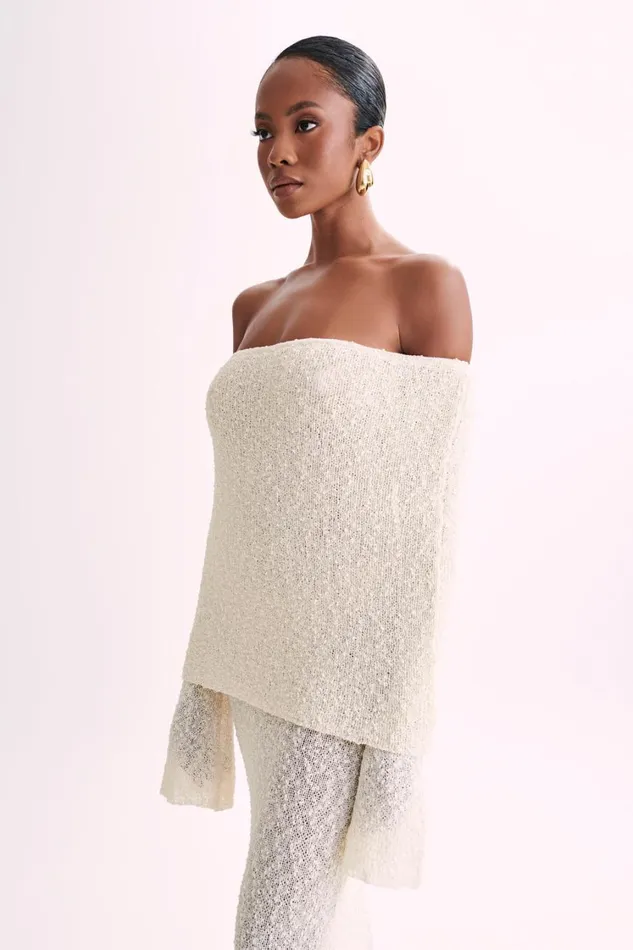 Women Meshki Dresses Marisol Off Shoulder Boucle Maxi Dress 8211 Ivory
