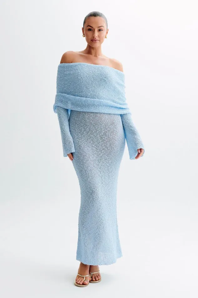 Women Meshki Dresses Marisol Off Shoulder Boucle Maxi Dress 8211 Light Blue