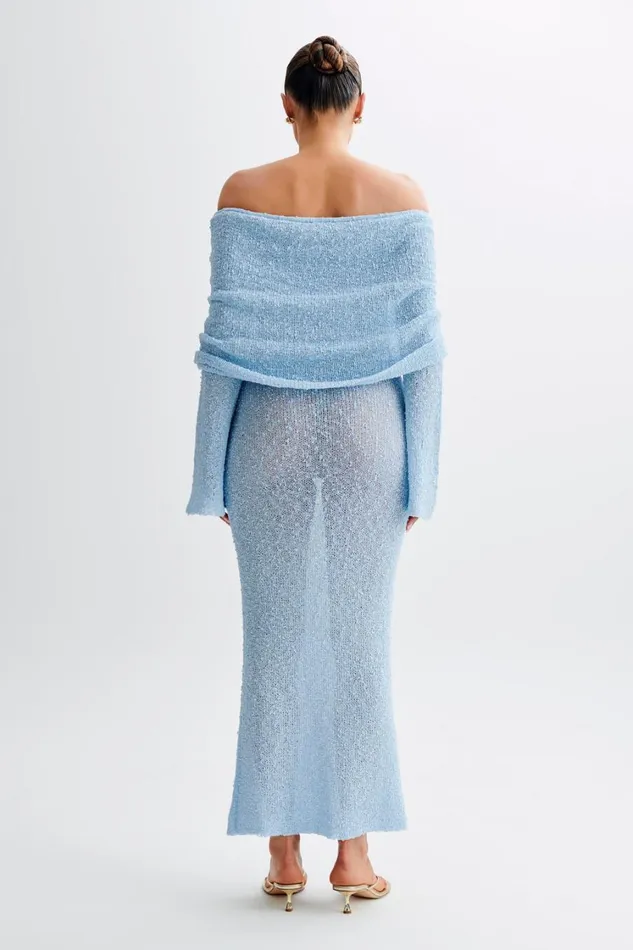 Women Meshki Dresses Marisol Off Shoulder Boucle Maxi Dress 8211 Light Blue