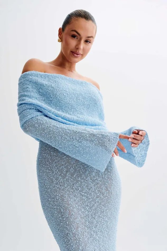 Women Meshki Dresses Marisol Off Shoulder Boucle Maxi Dress 8211 Light Blue