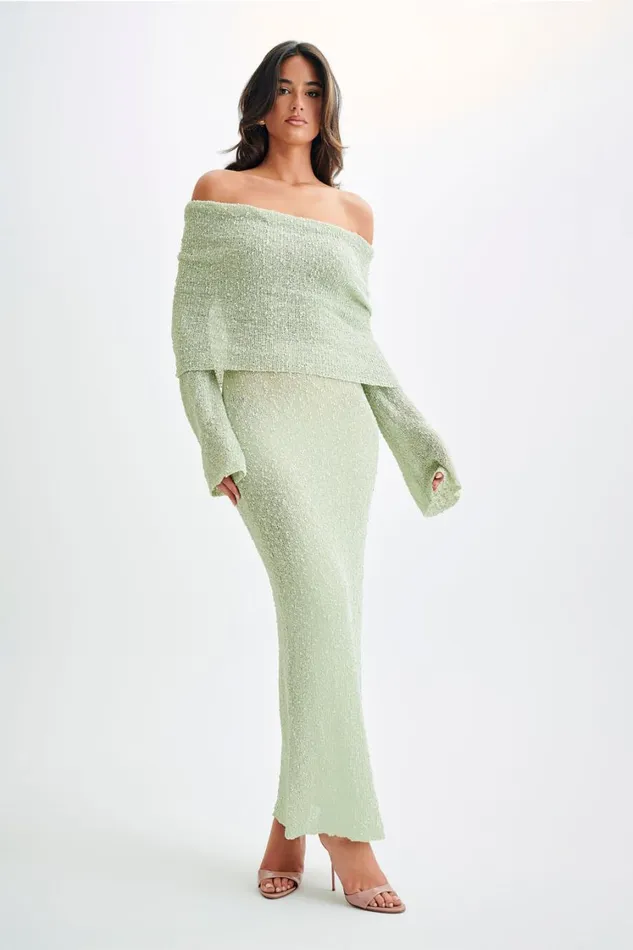 Women Meshki Dresses Marisol Off Shoulder Boucle Maxi Dress 8211 Pastel Green Women Meshki Dresses Marisol Off Shoulder Boucle Maxi Dress 8211 Pastel Green
