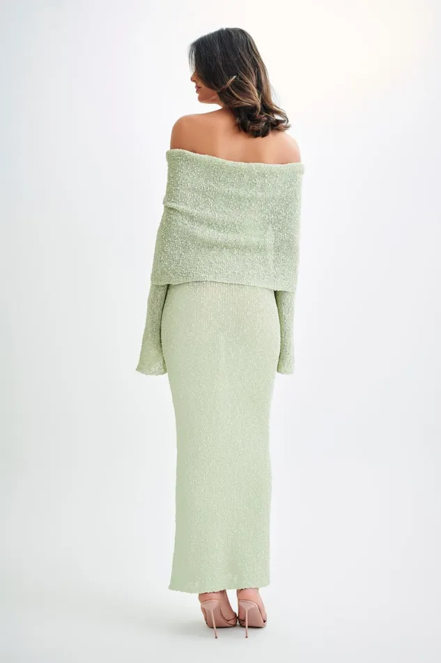 Women Meshki Dresses Marisol Off Shoulder Boucle Maxi Dress 8211 Pastel Green