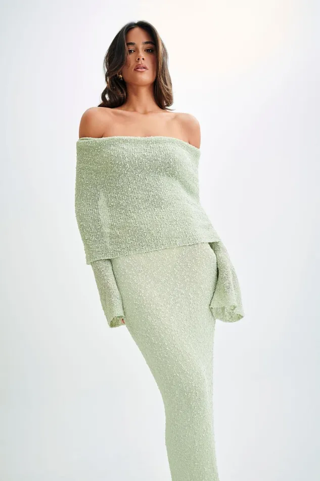 Women Meshki Dresses Marisol Off Shoulder Boucle Maxi Dress 8211 Pastel Green