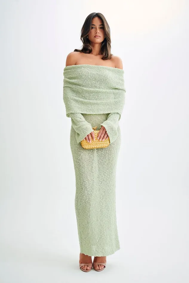 Women Meshki Dresses Marisol Off Shoulder Boucle Maxi Dress 8211 Pastel Green