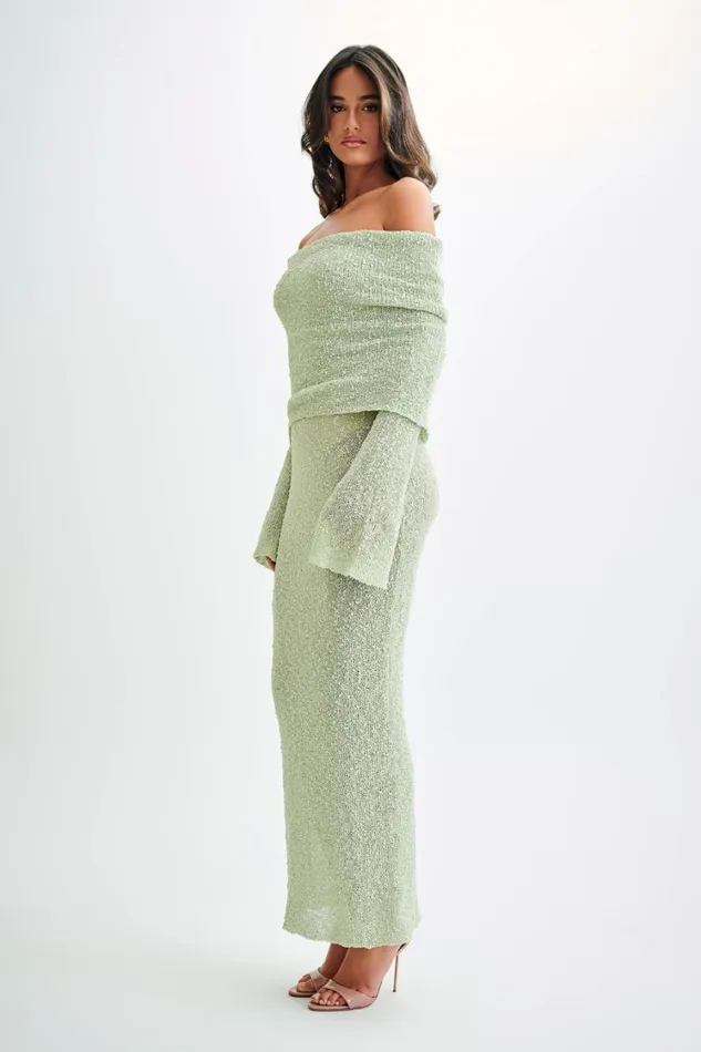 Women Meshki Dresses Marisol Off Shoulder Boucle Maxi Dress 8211 Pastel Green