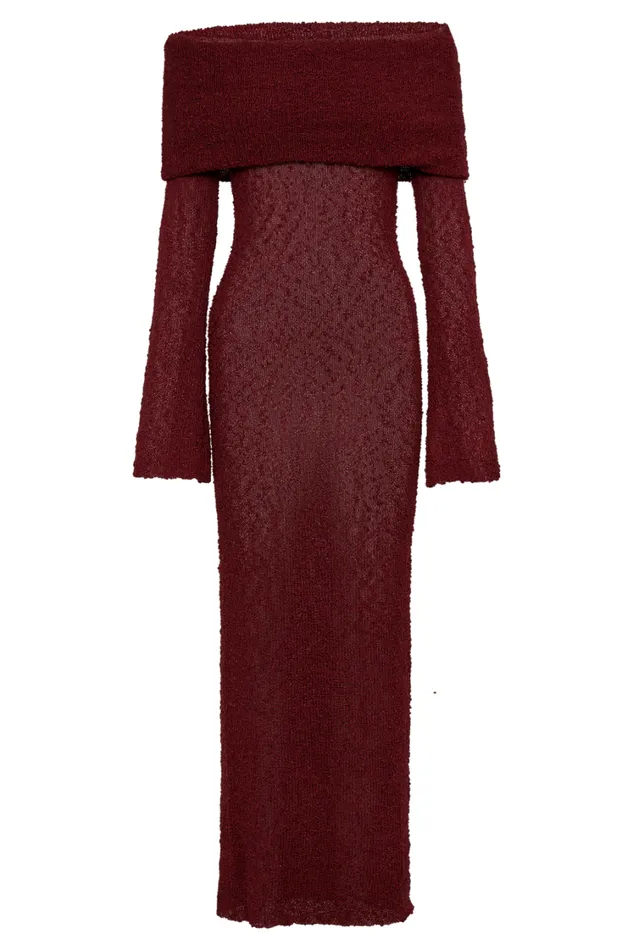Women Meshki Dresses Marisol Off Shoulder Boucle Maxi Dress 8211 Plum