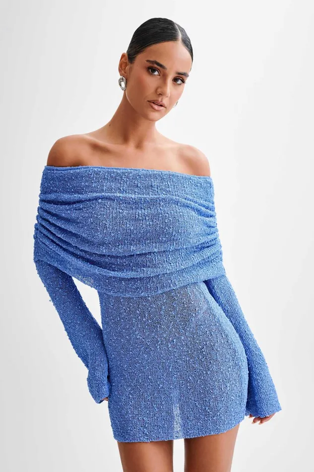 Women Meshki Dresses Marisol Off Shoulder Boucle Mini Dress 8211 Periwinkle