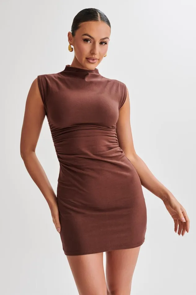 Women Meshki Dresses Melania High Neck Mini Dress 8211 Mocha