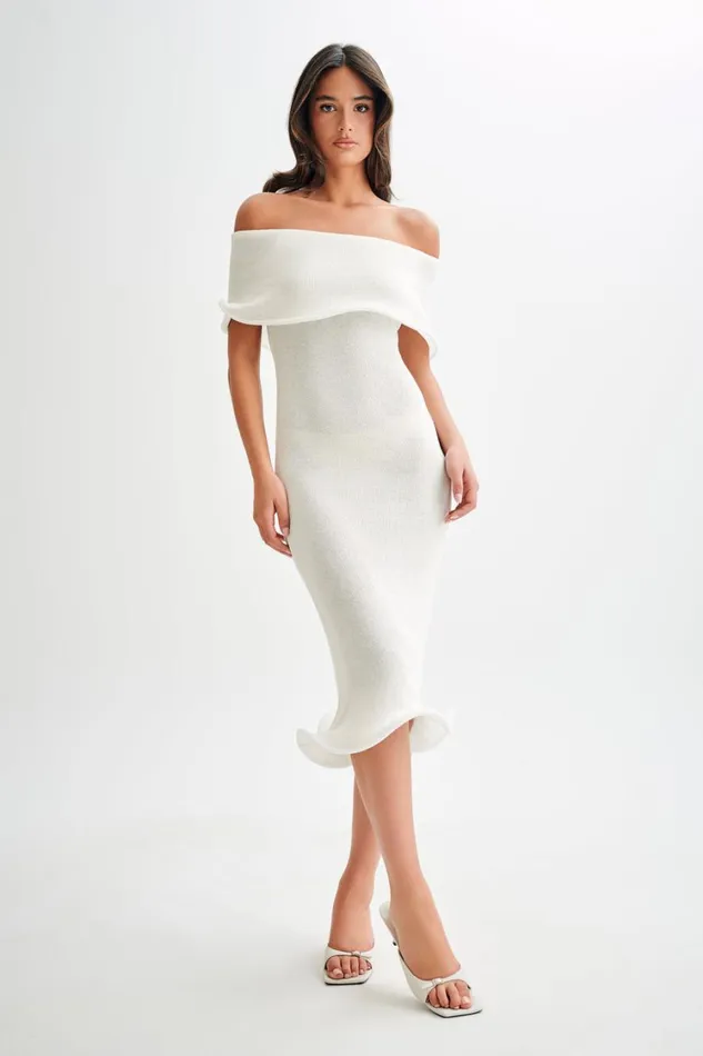 Women Meshki Dresses Molly Off Shoulder Knit Midi Dress 8211 Ivory