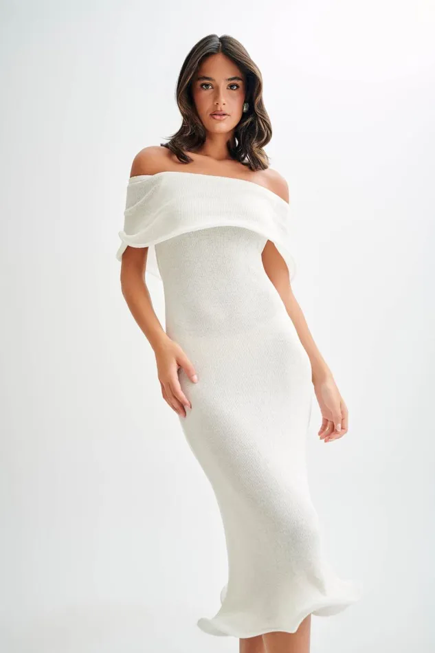 Women Meshki Dresses Molly Off Shoulder Knit Midi Dress 8211 Ivory