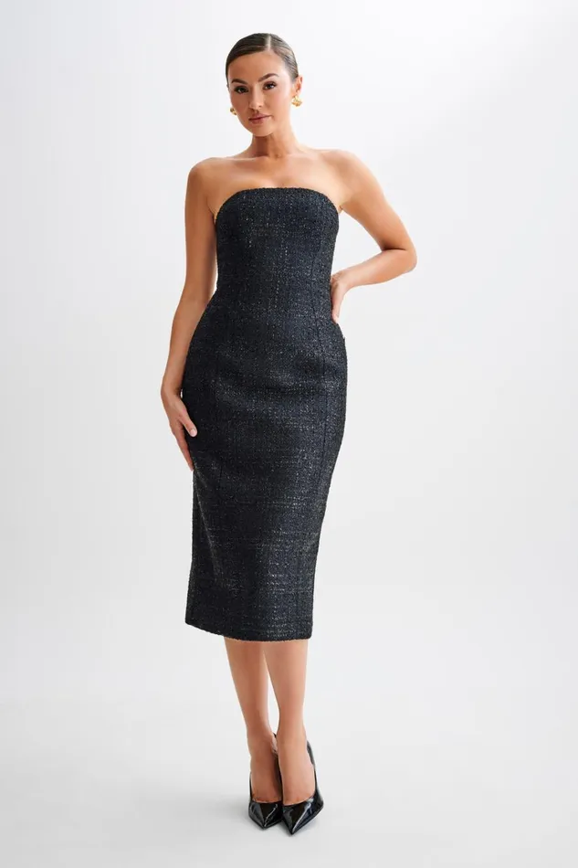 Women Meshki Dresses Monet Tweed Strapless Midi Dress 8211 Black