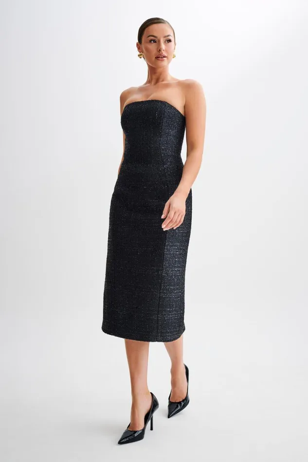 Women Meshki Dresses Monet Tweed Strapless Midi Dress 8211 Black