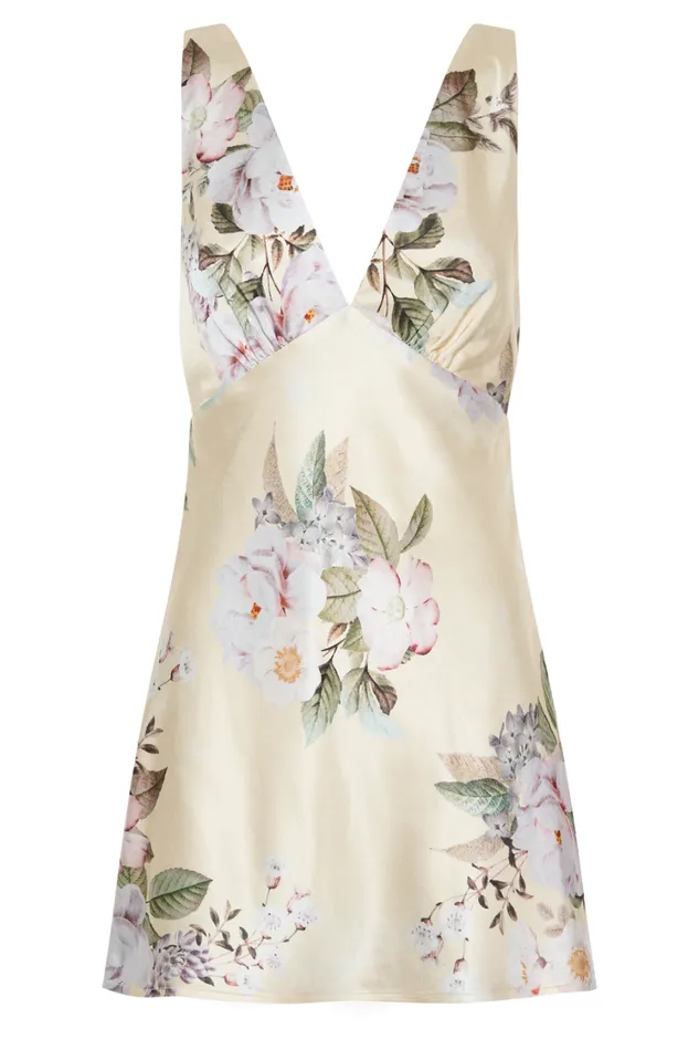 Women Meshki Dresses Nadia Satin Mini Dress With Cowl Back 8211 Lemon Floral Print