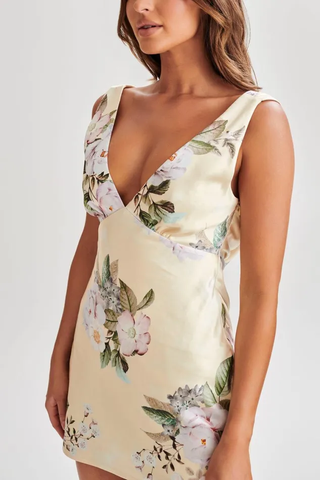 Women Meshki Dresses Nadia Satin Mini Dress With Cowl Back 8211 Lemon Floral Print