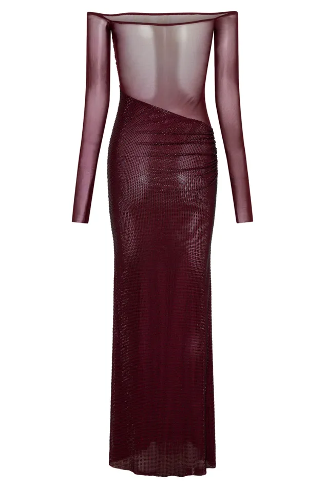 Women Meshki Dresses Nash Diamante Off Shoulder Maxi Dress 8211 Mahogany
