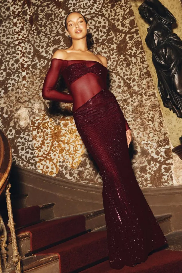 Women Meshki Dresses Nash Diamante Off Shoulder Maxi Dress 8211 Mahogany